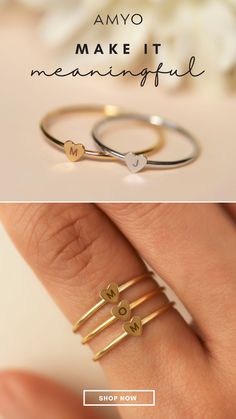 close up of rings displaying Dainty Stacking Initial Rings that you can personalize with an Initial. The perfect gift for birthdays, friendship and graduation, and anyone special. Personalized Initial Ring, Gold Initial Ring, Engraved Initials, Initial Ring, Tiny Heart, Wedding Stuff, Gold Vermeil, Bridesmaid Gifts, Laser Engraving