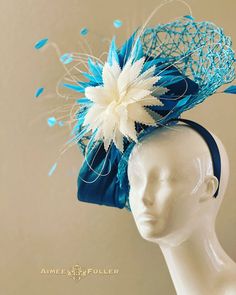 Blue Fitted Sinamay Fascinator, Blue Sinamay Fascinator For Kentucky Derby, Elegant Turquoise Fascinator For Races, Elegant Turquoise Fascinator For Kentucky Derby, Elegant Turquoise Hat For Races, Chic Blue Formal Fascinator, Turquoise Headpieces For Kentucky Derby, Turquoise Headpiece For Kentucky Derby Races, Chic Blue Fascinator For Races