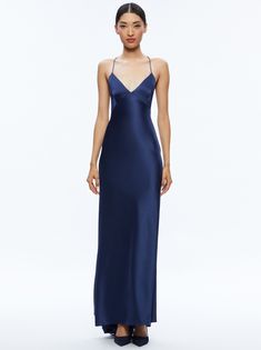 Montana Lace Up Back Maxi Gown In Azure | Alice And Olivia Long Gown Elegant Classy, Navy Prom Dresses, Semi Dresses, Prom Dress Inspo, Navy Blue Maxi Dress, Prom 2024, Blue Dress Formal, Dress Slip, Maxi Gown