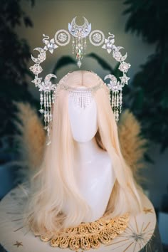 The silver headpiece is inspired by the moon, sun and stars, and is made of Czech pearls. The crown will be suitable for an important event, the theater, a festival, a ball or a wedding. Moon Headpiece Goddesses, Fantasy Wedding Crown, Goddess Of Moon Costume, Silver Moon Crown, Sun And Moon Crown, Moon Goddess Headpiece, Moon Goddess Cosplay, Moon Crown Goddesses, Moon Fairy Costume