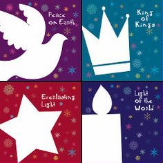 four cards with white doves and stars on them, one has a candle in the shape of a crown