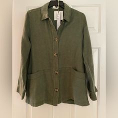 Nwt Nicole Miller Small “Shacket” Top Army Green Linen Blend All Measurements Of Jacket/Shirt Are Shown Please Ask All Questions Now As All Sales Are Final Casual Oversized Blazer With Lapel Collar, Relaxed Fit Utility Shacket For Everyday, Casual Relaxed Fit Blazer With Button Closure, Casual Long Sleeve Shacket With Snap Buttons, Relaxed Fit Button-up Utility Jacket With Button Closure, Utility Shacket With Relaxed Fit, Long Sleeve Shacket With Flap Pockets For Work, Workwear Long Sleeve Shacket With Flap Pockets, Spring Collared Outerwear With Buttoned Pockets