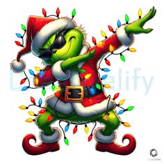 an image of a cartoon character with christmas lights on his feet and arms in the air