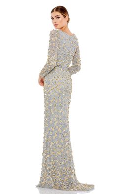 Long platinum and gold beaded formal dress by Mac Duggal with long sleeves Designer Formal Dresses, Beaded Formal Dress, Long Formal Dresses, Embellished Belt, Long Formal Dress, Prom Girl, Mac Duggal, Designer Gowns, Gold Dress