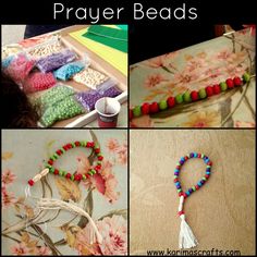 four different pictures with beads on them and the words prayer beads written in white letters