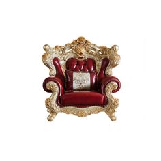 a red and gold chair sitting on top of a white floor