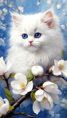 a white cat with blue eyes sitting on a branch of a flowering apple blossom tree