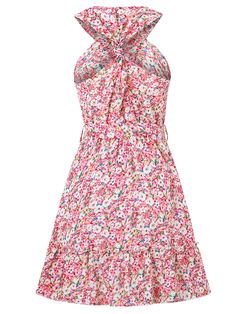 This floral mini dress will make you stand out at any summertime event. Its halter neckline and vibrant pink color with daisy prints add a playful touch, while its lightweight fabric keeps you cool and comfortable. Perfect for making a statement without taking yourself too seriously. Size Guide: Demi is 5’65” tall, and has a 33.6” bust, 24.1” waist, & 35.2” hips. She is wearing a S / US 4 / AU 8. This dress is true to size. Material: 100% Viscose. Feature: Halter neckline. Sleeveless. Waist tie. Floral prints. Mini length. Relax fit. Care Instructions: Machine wash / Cold hand wash Feminine Pink Mini Length Halter Dress, Pink Halter Dress For Summer Parties, Floral Print Spaghetti Strap Dress For Summer Parties, Feminine Pink Halter Neck Mini Dress, Spring Halter Mini Dress For Summer Parties, Spaghetti Strap Floral Dress For Summer Parties, Summer Party Floral Halter Neck Dress, Pink Halter Dress With Spaghetti Straps For Vacation, Pink Summer Halter Dress For A Day Out