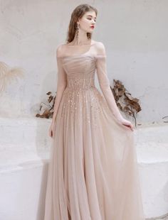 Evening Dress Nude Color A Line Bateau Neck Floor Length Sequins Formal Party Dresses Pageant Dress Gaun Tulle, Sequin Lehenga, Champagne Prom Dress, Dress Display, Prom Dresses With Pockets, Tulle Evening Dress, Floor Length Prom Dresses, Beaded Tulle, Formal Party Dress