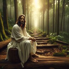 jesus sitting on a log in the middle of a forest with sunlight shining through trees