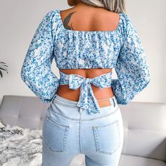 Pattern: Ditsy floral Features: Cropped, crisscross, elastic cuffs Neckline: Square neck Product measurements: S: length 14 in, bust 30 in, sleeve 23 in, shoulder 13 inM: length 14 in, bust 32 in, sleeve 24 in, shoulder 13 inL: length 14 in, bust 34 in, sleeve 24 in, shoulder 14 inXL: length 15 in, bust 35 in, waist 25 Casual Chiffon Blouse, Backless Shirt, Floral Chiffon Blouse, Chiffon Floral, Female Clothing, Cropped Tops, Weave Style, Top Summer, Floral Crop Tops