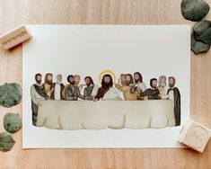 the last supper is depicted in this watercolor painting on paper with wax blockers next to it