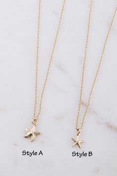 "Tiny Starfish Charm Necklace NECKLACE DESCRIPTION: - Tiny starfish charm - Style A: 12.5mm x 9mm, available in gold filled only, charm is hollow on back - Style B: teeny tiny charm, 9mm x 8mm, available in gold filled and sterling silver, charm is hollow on back - High quality dainty gold filled and sterling silver cable chain and components from USA - Handmade and packaged beautifully for you! - - - - - - - - - - - - - - - - - - - - - - - LENGTHS: - The necklace in the photo is 18 inches - Ple Dainty Star-shaped Necklace With Starfish Charm, Ocean-inspired Star Necklaces For Gifts, Starfish Charm Necklace Perfect For Gifts, Starfish Charm Necklaces For Gifts, Starfish Charm Necklaces As Gift, Starfish Charm Necklace As Gift, Dainty Starfish Necklace For Gift, Dainty Starfish Necklace As Gift, Ocean-inspired Star Charm Jewelry