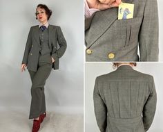 Dress to impress in your level-best in this amazing three-piece 1930s belted-back suit! All three pieces made of steel grey wool and buttoning with matching sage green marbled buttons. Incredible statement piece jacket features a 2x4 double-breasted button stance with trios of matching cuff buttons, sharp peak lapels, three patch pockets all with pairs of vertical knife-pleats. Unvented back with six shark-gill pleats from the yoke to the belt, showing off the unmatched 1930s tailoring. Interior Fitted Three-piece Suit With Buttons For Workwear, Fitted Blazer With Notch Lapel And Belt Loops, Fitted Suit With Notch Lapel And Belt Loops, Fitted Notch Lapel Suits With Belt Loops, Fitted Suits With Notch Lapel And Belt Loops, Vintage Single Breasted Fitted Suit, Fitted Vintage Suits For Workwear, Vintage Fitted Single Breasted Suit, Fitted Vintage Single Breasted Suit