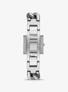 This silver-tone watch is proof that keeping track of time is an easy and stylish task. Featuring rows of sparkling pavé accents, this style’s shapely padlock dial and curb-link bracelet are inspired by the hardware on our beloved Hamilton bag. Take a more-is-more styling approach with the matching bangles and earrings. Timeless Metal Watch With Chain Detail, Timeless Metal Watch With Chain, Timeless Metal Chain Watch, Timeless Metal Chain Watches, Silver Diamond Watch With Palladium Hardware, Silver Stainless Steel Watch With Solid Link Construction, Timeless Silver Watch, Luxury Silver Jewelry With Chain Strap, Luxury Silver Metal Watch