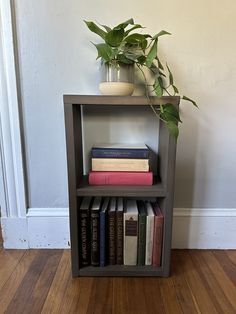 a bookshelf with several books and a potted plant on top of it