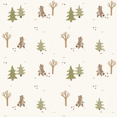 a bear and tree pattern on a white background