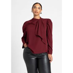 This tie neck blouse made from lightweight woven stretch crepe features sleeves and hits at the hip, blending comfort with polished style. Solid Color Viscose Blouse For Fall, Solid Viscose Blouse For Fall, Chic Viscose Tops For Business Casual, Puff Sleeve Top With Gathered Sleeves, Fitted Tie Sleeves Tops For Fall, Fitted Fall Tops With Tie Sleeves, Chic Stretch Blouse For Business Casual, Fitted Tops With Tie Sleeves For Fall, Viscose Long Sleeve Office Tops