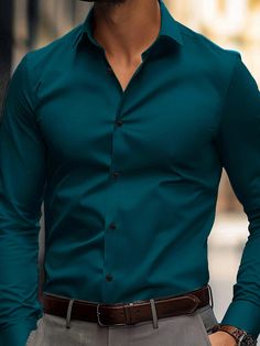 Dark Green Casual Collar Long Sleeve Fabric Plain Shirt Embellished Slight Stretch  Men Clothing Turquoise Shirt Outfit, Blue Shirt Combination, Shirt Combination Men, Plain Shirts For Men, Dark Teal Dress, Outfits Con Camisa, Turquoise Shirt, Mens Business Casual Outfits, Green Shirt Dress