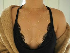 14k Gold & Tiny Diamonds Mesh Halter Bra Body Chain Full Body Chain, Shoulder Jewelry, Gold Body Chain, Chain Bra, Gold Bodies, Real Gold Jewelry, Tiny Diamond, Belly Chain, Halter Tops