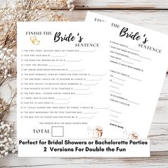 two bridal shower games with flowers on the side and text that reads, finish the bride's sentence