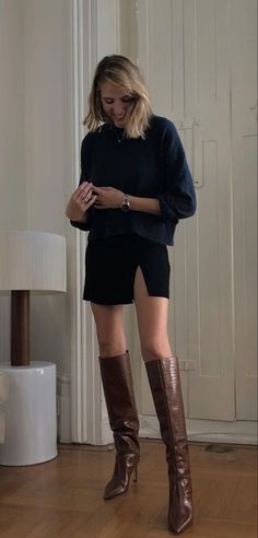 Skirt And High Boots Outfit, Unpolished Casual, Tall Brown Boots Outfit, Brown Knee High Boots Outfit, Gig Outfits, Fall Outfit 2023, Long Boots Outfit, Tall Boots Outfit, Heels Boots Outfit