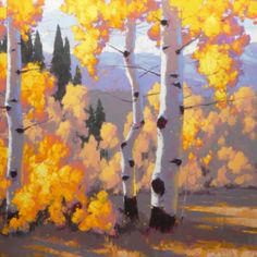 an oil painting of yellow and white trees in the fall with mountains in the background