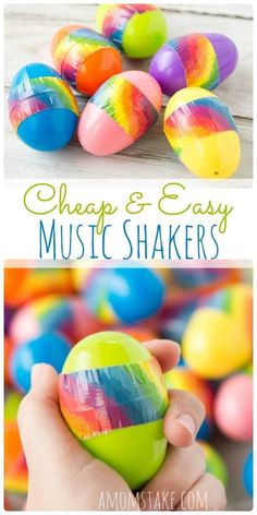 colorful painted eggs with text overlay reading cheap and easy music shakers