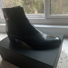 Black Alessandro Vasini Zip Boots. Brand New, Never Worn, Leather Zip-Up 40mm Stacked Heel. Size 44 But Runs Small. Classic Pointed Toe Heeled Boots With Leather Sole, Classic Snip Toe Boots With Branded Heel Counter, Classic Boots With Branded Heel Counter And Snip Toe, Designer Chelsea Boots With Leather Sole For Business, Elegant Chelsea Boots With Sculpted Heel, Designer Chelsea Boots With Leather Sole For Work, Luxury Chelsea Boots With Leather Sole And Pointed Toe, Elegant Pointed Toe Chelsea Boots With Leather Sole, Classic Chelsea Boots With Sculpted Heel For Formal Occasions