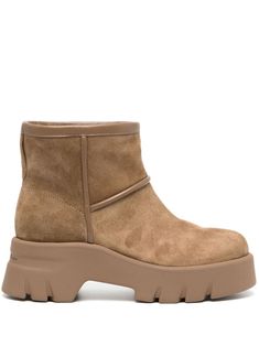 camel brown calf suede faux-shearling lining slip-on style round toe branded insole chunky rubber lug sole Leather Cap, Beach Tote Bags, Suede Ankle Boots, Lug Sole, Womens Boots Ankle, Suede Boots, Gianvito Rossi, Brown Boots, Boot Shoes Women