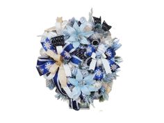 a bouquet of blue and white flowers