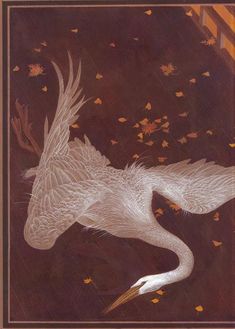 a painting of a white bird flying through the air