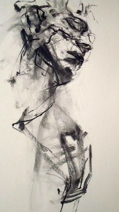 black and white drawing of a woman's torso with hair blowing in the wind