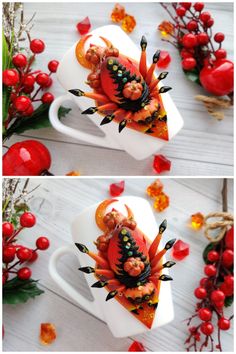 two pictures of the same cup and saucer, one is decorated with red flowers