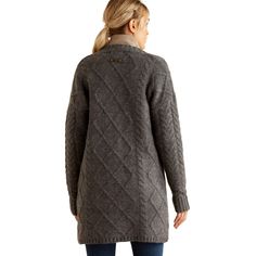 The Colma delivers more luxurious warmth from the extra length and the ethical wool blend knit. It has patch pockets for coziness, plus a button closure to keep in the warmth. Colma Cardigan | Product Features : 0 : V-Neck cardigan with button closure|Cable knit pattern, 1 : Two front hand patch pockets | Women's Colma Cardigan Sweater in Charcoal 51% Wool, 24% Polyester, 22% Acrylic, 3% Elastane. Cozy ethical wool blend. Imported, Size: XS by Ariat Gray Cable Knit Sweater Coat For Fall, Wool Knitted Outerwear For Layering, Winter Wool Cable Knit Cardigan, Knitted Wool Outerwear For Layering, Cozy Wool Outerwear For Layering, Wool Knitted Sweater Coat For Layering, Fall Merino Wool Outerwear For Cold Weather, Cable Knit Merino Wool Outerwear For Layering, Knitted Wool Sweater Coat For Layering