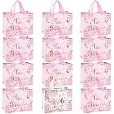 six pink bags with floral designs on them