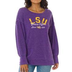 Combine a fashion-forward design and comfort with this LSU Tigers Brooklyn pullover sweatshirt. It features roomy balloon sleeves that add a stylish flair and acid-washed fabric for a vintage look. LSU Tigers graphics printed on the front make your fandom easy to see. Ecu Pirates, Geaux Tigers, Kansas State Wildcats, Pirate Woman, Lsu Tigers, Hats For Sale, Balloon Sleeves, Tigers, Pullover Sweatshirt