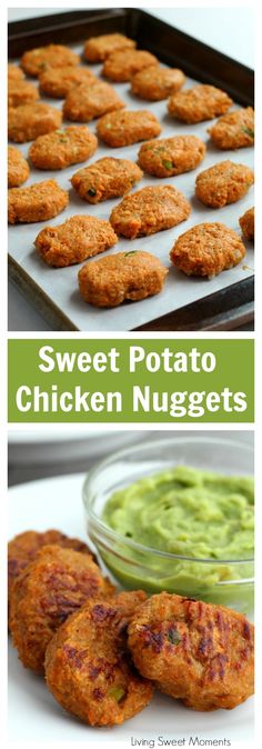 sweet potato chicken nuggets with guacamole sauce in the middle and on top