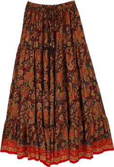 A beautiful long skirt with a gorgeous all-over pattern of Indian paisley motifs. The skirt looks stunning and is very comfortable, especially with its elastic waist and flowy soft fabric. #tlb #Floral #Printed #Paisley #FlowySkirt Long Paisley Print Skirt, Flowy Long Skirt With Paisley Print, Long Flowy Skirt With Paisley Print, Flowy Long Paisley Print Skirt, Bohemian Long Skirt With Paisley Print, Bohemian Tiered Skirt With Paisley Print, Bohemian Long Maxi Skirt With Paisley Print, Flowy Tiered Skirt With Paisley Print, Flowy Paisley Print Tiered Skirt