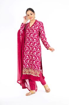 Adorning Rubine Red Palm Silk Salwar Kameez – Panache Haute Couture Semi-stitched Long Georgette Churidar, Unstitched Red Georgette Salwar Kameez, Long Salwar Kameez With Resham Embroidery For Navratri, Red Georgette Lawn Suit With Dabka, Bollywood Style Churidar With Traditional Drape, Red Semi-stitched Lawn Suit With Sheer Dupatta, Semi-stitched Red Lawn Suit With Sheer Dupatta, Red Lawn Suit With Sheer Dupatta For Diwali, Festive Red Lawn Suit With Sheer Dupatta