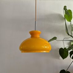 a yellow light hanging from a ceiling next to a potted plant on the wall