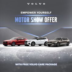 three volvo vehicles are shown in front of an advertisement for the company's new show offer