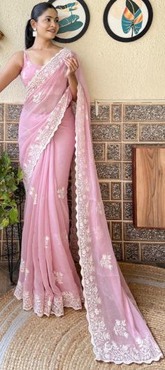 Purple and Violet color Saree in Shimmer fabric with Embroidered, Thread work Shimmer Fabric, Violet Color, Waist Chain, Pink Saree, Thread Work