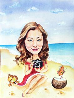 a painting of a girl on the beach with a camera and coconut in her hand