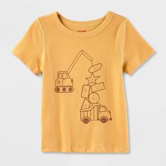 a yellow t - shirt with an image of a construction vehicle on it