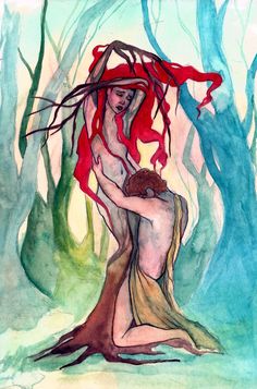 a painting of a naked woman in the woods holding an umbrella with red streamers