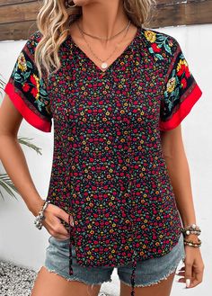 Non-stretch Multicolor Floral Print Tops, Multicolor Floral Print Non-stretch Top, Non-stretch Multicolor Floral Print Blouse, Casual Red Printed Blouse, Black V-neck Printed Blouse, Red Printed Short Sleeve Blouse, Relaxed Fit Red Blouse With Floral Print, Red Floral Print Blouse With Relaxed Fit, Black Printed Short Sleeve Blouse