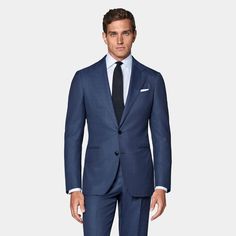 This mid-blue suit is cut to a tailored fit with a natural shoulder and full canvas interlining. The trousers are cut slim and straight with a flat front and side adjusters. Blue Suits With Notch Lapel And Pressed Crease, Blue Suits With Pressed Crease And Notch Lapel, Blue Suits With Pressed Crease For Work, Classic Blue Pantsuit With Notch Lapel, Blue Workwear Suits With Pressed Crease, Classic Blue Semi-formal Pantsuit, Slim Fit Blue Suit With Pressed Crease, Blue Slim Fit Suit With Pressed Crease, Blue Slim Fit Suits With Pressed Crease