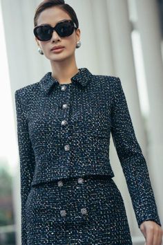 Megan Cropped Collared Neck Tweed Jacket - MEAN BLVD Tweed Suit Women, Chick Outfit, Tweed Fashion, Cozy Clothing, Tweed Skirt Suit, Tweed Outfit, Mean Blvd, Blazer Jackets For Women, Women's Suits