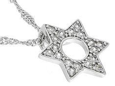 0.34ctw Round White Zircon Rhodium Over Sterling Silver Star Of David Pendant With 18" Singapore Chain. Measures Approximately 0.59"L x 0.59"W. Lobster Claw Closure with 2" Extender. Bail Measures 2.72mm. Accent stones primarily zircon. Silver Star-shaped Diamond Necklace With Accents, Silver Diamond Star Of David Necklace, Silver Diamond Necklace In Star Of David Shape, Silver Cubic Zirconia Star Of David Jewelry, White Gold Cubic Zirconia Star Of David Jewelry, Silver Star-shaped Diamond Necklace For Anniversary, Star-shaped Silver Diamond Necklace For Anniversary, Anniversary Silver Star-shaped Diamond Necklace, Star Of David Pendant